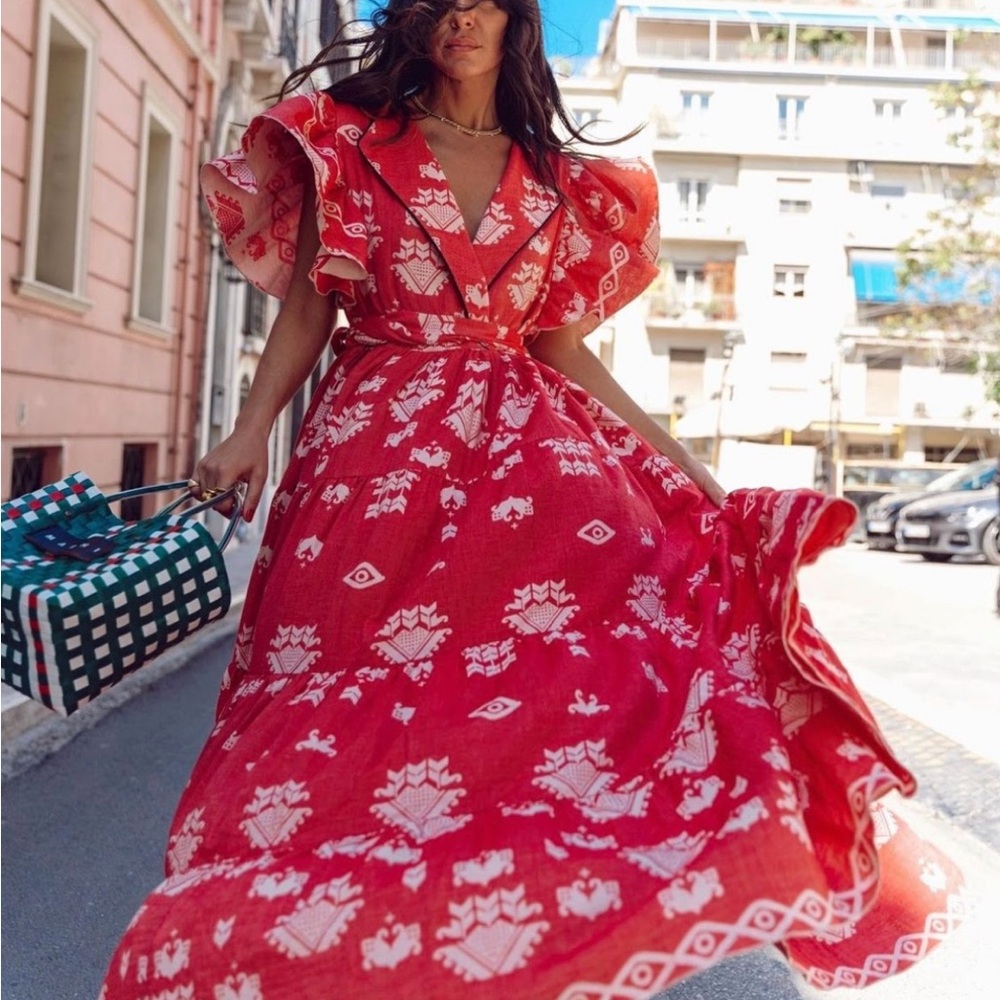 Red Maxi Sundress with Flutter Sleeves and V-Neck